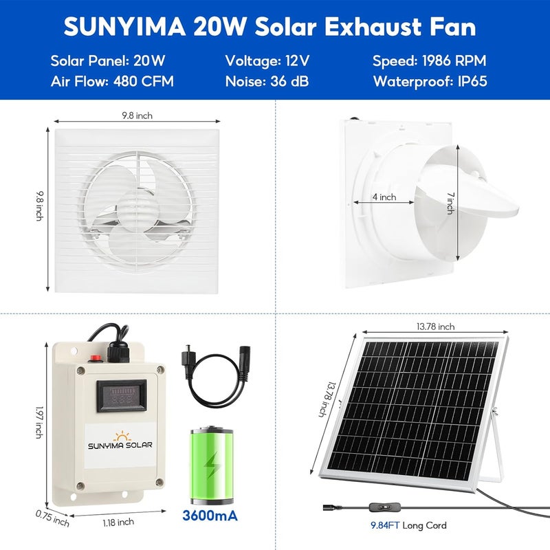 SUNYIMA Solar Powered Fan with Battery,20W Solar Panel Weatherproof+ 8'' Solar Exhaust Fan with 9.84Ft On/Off Cable for Greenhouse Circulation, Chicken Coop, Shed, Pet Houses, Ventilation - Image 2